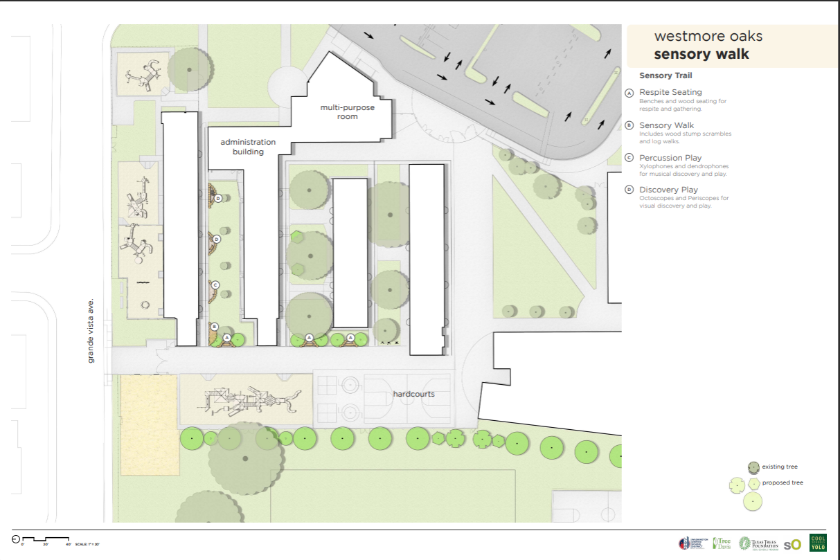 Landscape design plan for the Gathering Commons at River City High School, featuring an amphitheater with wood seating, a shaded Gathering Grove with canopy trees and circular benches, and flexible Adirondack chairs. Recreational elements include permanent cornhole boards and table tennis. Infiltration gardens are integrated for water drainage, and trees, both existing and proposed, provide shade throughout the area. The layout emphasizes outdoor learning, social interaction, and sustainability.