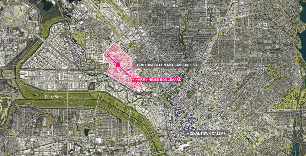 2023_10_AerialofDallas (1) Outlined in translucent pink is the 1,000 acres that comprises the Southwestern Medical District. The scope of the SWMD Transformation Project is outlined in a dark pink line marking Harry Hines Boulevard, the Green Spine, and the pink circle showing the future Green Park (Harry Hines and Inwood Road). Many challenges the district faces are a product of its geographical location and patterns of urban development. Immediately to the west is Interstate 35-E, slightly east is the Dallas North Tollway, and its northern neighbor is Dallas Love Field Airport.