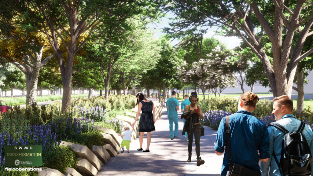 Green Spine_Sidewalk A rendering brings to life the future of Harry Hines Boulevard as a cooler, cleaner, greener, and safer thoroughfare.