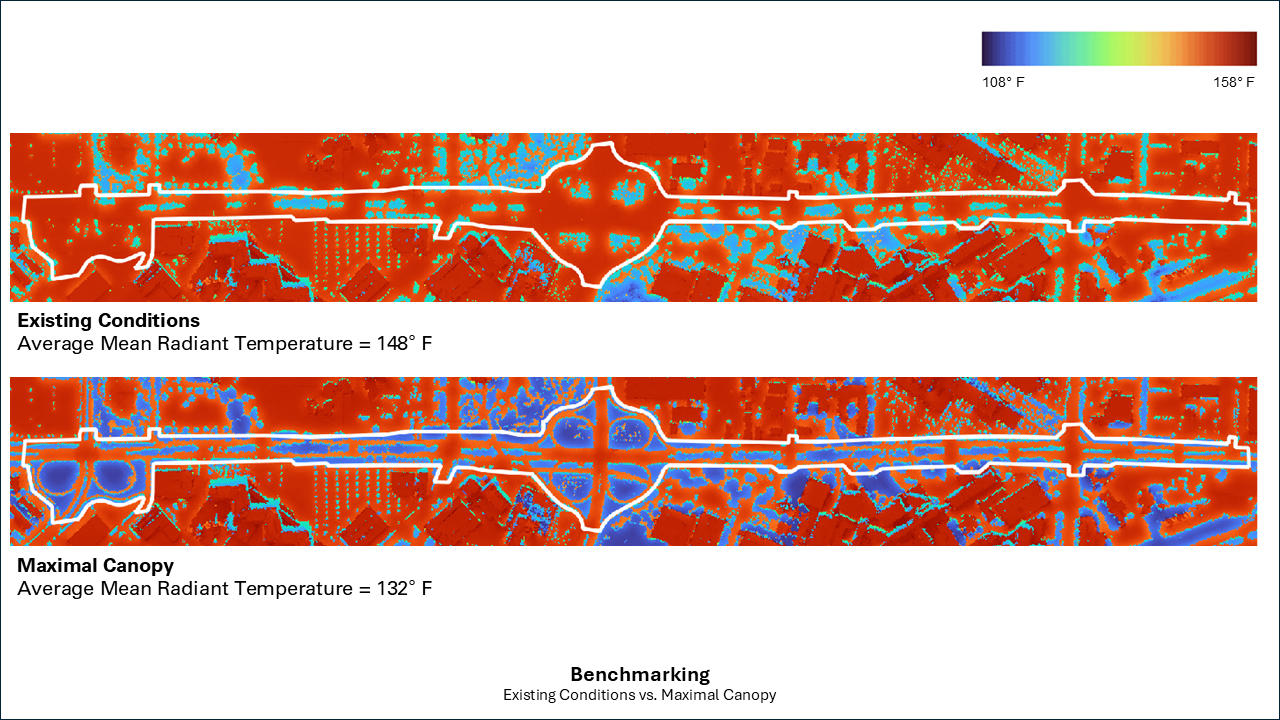 ExistingConditions_MaximalPlantingScenario_MRT This "digital twin" of the Harry Hines corridor depicts the cooling benefits possible through the Green Park and Green Spine design.