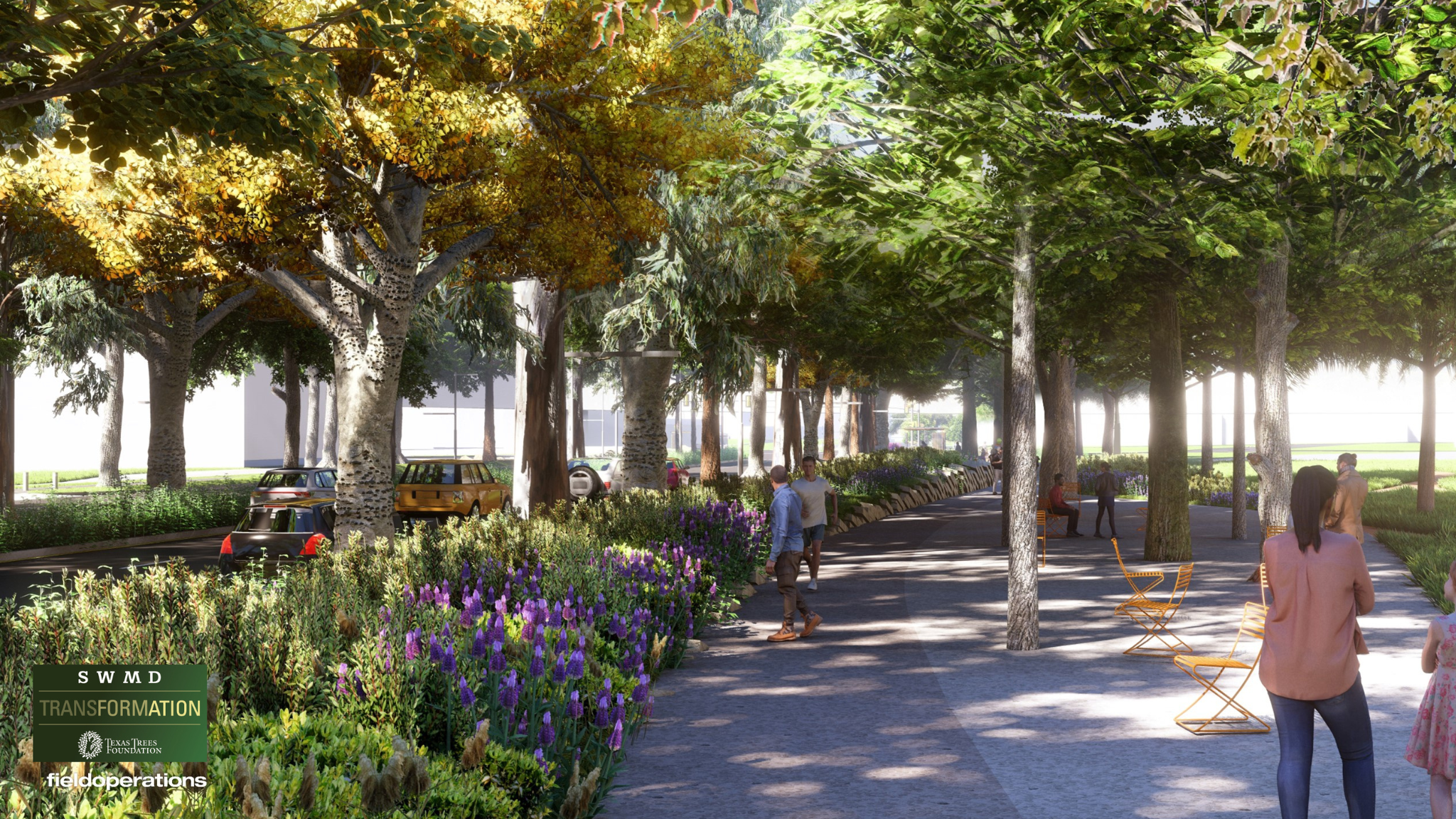 Green Spine_SidewalkwGroves Harry Hines Boulevard will be re-imagined as "the Green Spine", a walkable, cool, green, and connected thoroughfare.