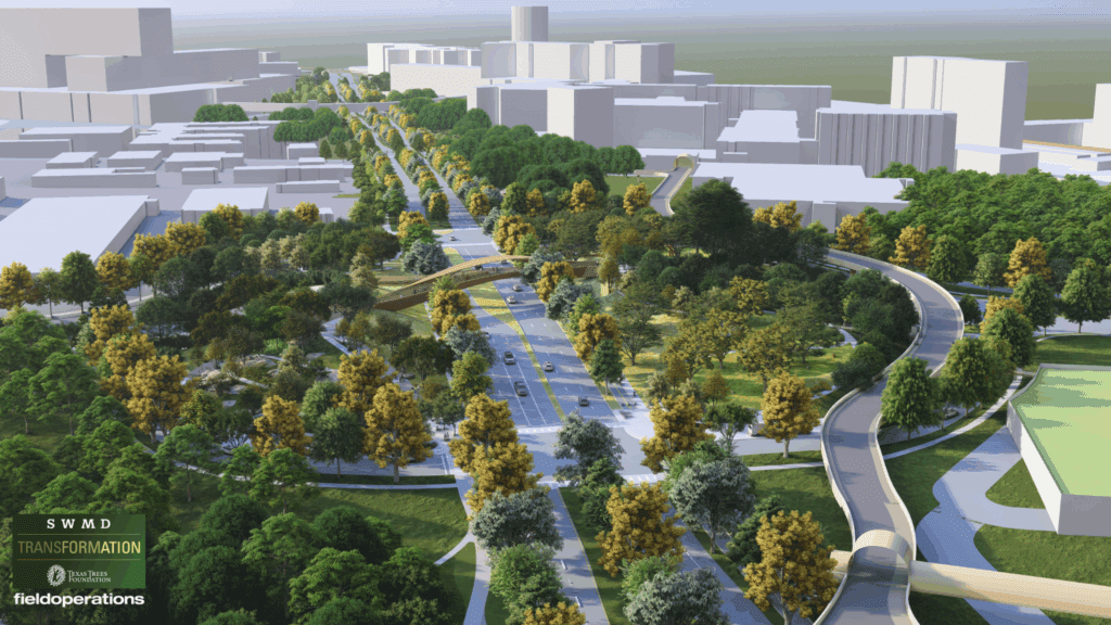 GreenPark_Aerial An aerial rendering of Harry Hines Boulevard paints a greener, more vibrant, and connected Southwestern Medical District, through the 8-acre Green Park and reimagined Harry Hines Boulevard.