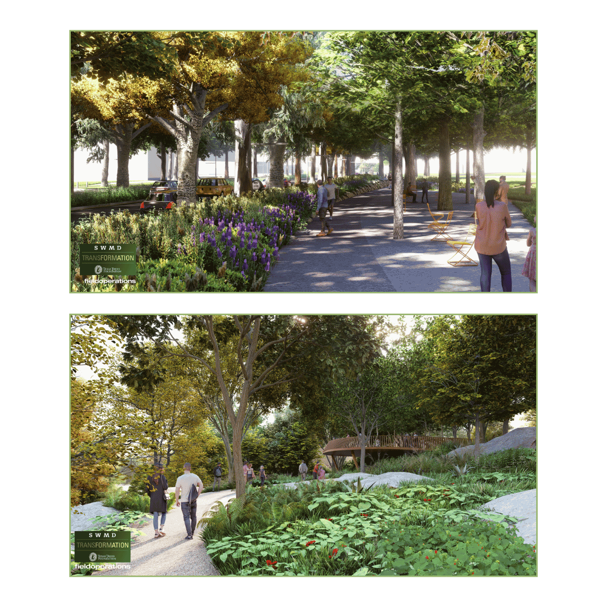 Above: Towering tree canopy, lush vegetation, and quaint gathering spaces will be featured in the Green Spine. Below: The Green Park's winding path piques curiosity and encourages engagement, with every step inviting you deeper into a natural oasis. 