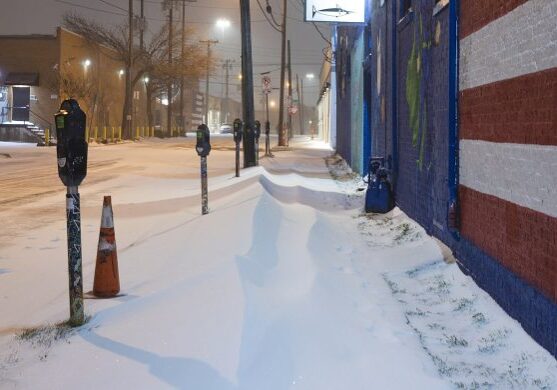 Deep Ellum sidewalk covered with snow in Dallas snow storm